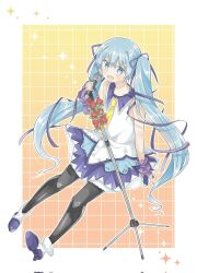 Rule 34 | 1girl, aqua eyes, aqua hair, aqua nails, bare arms, black pantyhose, boots, border, collar, corrupted twitter file, fingerless gloves, floating, flower, full body, gloves, grid background, hair ribbon, hatsune miku, high heel boots, high heels, highres, holding, holding microphone, layered skirt, long hair, looking at viewer, microphone, microphone stand, mikosawa megumi, miniskirt, nail polish, necktie, no cape, no headwear, open mouth, pantyhose, purple collar, purple gloves, purple ribbon, purple skirt, red flower, red rose, ribbon, rose, shirt, skirt, sleeveless, sleeveless shirt, smile, solo, sparkle, textless version, treble clef, twintails, variant set, very long hair, vocaloid, white border, white footwear, white shirt, yellow necktie, yuki miku, yuki miku (2014)