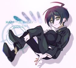 Rule 34 | 1boy, ahoge, arare (op ed 000), asa me daiki, black footwear, black hair, black headwear, black jacket, black pants, brown eyes, closed mouth, commentary request, danganronpa (series), danganronpa v3: killing harmony, dated, grey background, happy birthday, highres, jacket, long sleeves, male focus, pants, saihara shuichi, short hair, solo, striped clothes, striped jacket