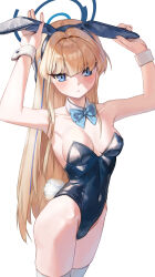 Rule 34 | 1girl, absurdres, animal ears, arms up, bare shoulders, blonde hair, blue archive, blue eyes, blue hairband, blue leotard, bow, bowtie, breasts, covered navel, detached collar, hairband, halo, highleg, highleg leotard, highres, laza (0ldsong), leotard, long hair, official alternate costume, official alternate hairstyle, playboy bunny, rabbit ears, rabbit tail, simple background, small breasts, solo, tail, thighhighs, thighs, toki (blue archive), toki (bunny) (blue archive), very long hair, white background, white thighhighs, wrist cuffs