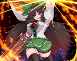 Rule 34 | 1girl, absurdres, arm cannon, arm up, aura, bird wings, black panties, black thighhighs, blush, bow, breasts, breasts day, brown hair, buttons, cape, center frills, collared shirt, control rod, doku yanagi, evil grin, evil smile, eyelashes, fangs, feathered wings, frilled shirt collar, frilled skirt, frilled sleeves, frills, gluteal fold, green bow, green skirt, grin, hair bow, highres, large breasts, long hair, looking at viewer, lower teeth only, open mouth, panties, panty peek, parted bangs, puffy short sleeves, puffy sleeves, red eyes, reiuji utsuho, serious, shiny skin, shirt, short sleeves, sidelocks, skirt, smile, solo, standing, teeth, thighhighs, thighs, third eye, touhou, underwear, upper teeth only, weapon, white cape, white shirt, wing collar, wings