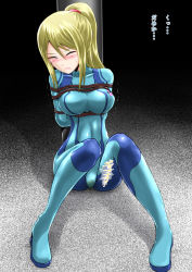 Rule 34 | 1girl, arms behind back, bdsm, black background, blonde hair, blue bodysuit, blush, bodysuit, bondage, bound, bound arms, breasts, cameltoe, clenched teeth, closed eyes, covered collarbone, covered navel, female focus, full body, hair between eyes, hair tie, have to pee, highres, homare (suzu no oka), japanese text, knees up, medium breasts, metroid, mole, mole under mouth, nintendo, nose blush, peeing, peeing self, pigeon-toed, pole, ponytail, rope, samus aran, shiny clothes, sitting, solo, sweat, teeth, translation request, trembling, wet, wet clothes, zero suit