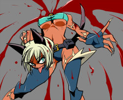 Rule 34 | 1girl, bell, bikini, blood, breasts, collar, detachable head, disembodied head, female focus, fingerless gloves, gloves, komodo robo, ms. fortune (skullgirls), neck bell, severed head, simple background, skullgirls, solo, swimsuit, tongue, tongue out