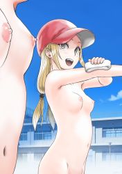 Rule 34 | 2girls, baseball cap, blonde hair, breasts, brown eyes, casual nudity, day, fang, hat, head out of frame, highres, multiple girls, navel, nipples, nude, open mouth, original, out-of-frame censoring, outdoors, plus step, red hat, school, small breasts, smile, twintails