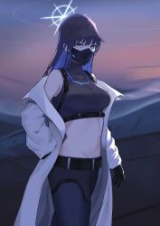 Rule 34 | 1girl, absurdres, bare shoulders, baseball cap, belt, black belt, black gloves, black hair, black hat, black mask, black pants, black shirt, blue archive, blue eyes, breasts, buckle, chest harness, coat, commentary, covered mouth, cowboy shot, crop top, genno 19pkn, gloves, groin, halo, hand in pocket, harness, hat, highres, long hair, looking at viewer, mask, medium breasts, midriff, mouth mask, navel, night, off shoulder, outdoors, pants, parted bangs, saori (blue archive), shirt, sleeveless, sleeveless shirt, snap-fit buckle, solo, standing, underbust, white coat