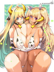 Rule 34 | 2girls, :p, ahoge, animal ears, animal print, bell, bikini, blonde hair, breast press, breasts, choker, colored inner hair, cow ears, cow girl, cow print, cow print bikini, cow print gloves, cowbell, dark-skinned female, dark elven forest ranger, dark skin, elbow gloves, elf, elven forest maker, fake animal ears, fake horns, gloves, grabbing, grabbing another&#039;s breast, green eyes, green hair, highres, horns, huge breasts, last origin, multicolored hair, multiple girls, navel, neck bell, official alternate costume, pointy ears, print bikini, print gloves, purple eyes, short twintails, signature, star-shaped pupils, star (symbol), swimsuit, symbol-shaped pupils, symmetrical docking, tongue, tongue out, twintails, two-tone hair, umigarasu (kitsune1963), watermark, web address
