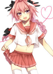 Rule 34 | 1boy, astolfo (fate), black bow, bow, crop top, cropped shirt, fang, fate/grand order, fate (series), hair bow, hair intakes, heart, heart of string, long hair, male focus, maregatsukoyori, midriff, multicolored hair, neckerchief, open mouth, pink hair, pink neckerchief, pink sailor collar, pink serafuku, pink skirt, pleated skirt, purple eyes, red sailor collar, red skirt, sailor collar, school uniform, serafuku, shirt, short sleeves, simple background, skin fang, skirt, skirt hold, smile, solo, streaked hair, thighhighs, trap, two-tone hair, white background, white hair, white shirt, white thighhighs
