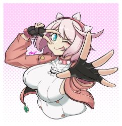Rule 34 | 1girl, :p, absurdres, blue eyes, bracelet, breasts, clover, collar, dress, elphelt valentine, fingerless gloves, four-leaf clover, gloves, guilty gear, guilty gear strive, hairband, highres, jacket, jewelry, large breasts, long sleeves, one eye closed, pink hairband, pink jacket, short hair, skijjyf, smile, spiked bracelet, spiked collar, spiked hairband, spikes, tongue, tongue out, upper body, v, white dress, white hair