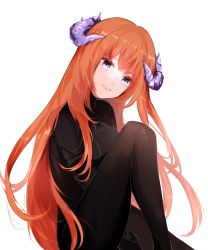 Rule 34 | 1girl, absurdres, alternate costume, arknights, bagpipe (arknights), black dress, black pantyhose, black sweater, dragon horns, dress, feet out of frame, gupipy, highres, horns, knee up, long hair, orange hair, pantyhose, parted lips, purple eyes, simple background, sitting, smile, solo, straight hair, sweater, sweater dress, very long hair, white background