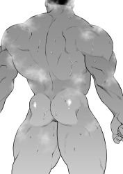 Rule 34 | 1boy, ass, back, bara, boku no hero academia, completely nude, endeavor (boku no hero academia), feet out of frame, from behind, greyscale, head out of frame, male focus, monochrome, muscular, muscular male, nude, p (pppppppppq), short hair, solo, steam, thick thighs, thighs, wet