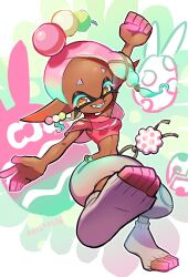 Rule 34 | 1girl, artist name, bare shoulders, blue hair, breasts, clenched hand, colored eyelashes, commentary request, crop top, dango, dango earrings, dark-skinned female, dark skin, earrings, easter egg, egg, fangs, food, food-themed earrings, food on head, frye (splatoon), full body, gradient hair, grin, hair ornament, hair tie, harem pants, highres, inkling, jewelry, kellymae, looking at viewer, midriff, multicolored background, multicolored hair, nintendo, object on head, official alternate costume, orange pupils, outstretched arms, pants, pink hair, pink shawl, pink shirt, pointy ears, see-through shawl, shawl, shirt, sleeveless, sleeveless shirt, small breasts, smile, socks, solo, splatoon (series), splatoon 3, standing, standing on one leg, star-shaped pupils, star (symbol), symbol-shaped pupils, tentacle hair, toeless footwear, toes, two-tone hair, wagashi, white pants, white socks, x hair ornament, yellow eyes
