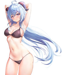 Rule 34 | 1girl, ahoge, armpits, arms behind head, arms up, bare arms, bare shoulders, bikini, black bikini, blue hair, breasts, collarbone, cowboy shot, ganyu (genshin impact), genshin impact, gluteal fold, goat horns, halterneck, highres, horns, long hair, looking at viewer, medium breasts, navel, purple eyes, rable, simple background, smile, solo, standing, stomach, string bikini, swimsuit, thighs, very long hair, white background