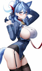 Rule 34 | 1girl, absurdres, ako (blue archive), animal ears, bell, black garter straps, black thighhighs, blue archive, blue eyes, blue gloves, blue hair, blue halo, blush, breasts, cat ears, crossed bangs, eternity (shadeh), from side, garter straps, gloves, hair between eyes, halo, highres, large breasts, leash, long sleeves, parted lips, simple background, solo, tail, thighhighs, thighs, white background