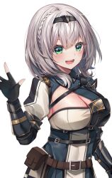 Rule 34 | 1girl, belt, belt pouch, blush, braid, breasts, cleavage, fingerless gloves, gloves, green eyes, grey hair, hairband, hand up, harness, hololive, ikazu401, large breasts, looking at viewer, medium hair, mole, mole on breast, open mouth, pouch, shirogane noel, shirogane noel (1st costume), side braid, smile, solo, underbust, upper body, vambraces, virtual youtuber