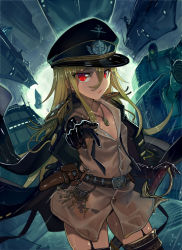 Rule 34 | 1girl, belt, black gloves, black panties, black thighhighs, blonde hair, covered erect nipples, flat chest, garter straps, gloves, gun, hat, holster, jacket, jewelry, key, charm (object), land of caromag, long hair, looking at viewer, military, military hat, military jacket, military vehicle, motor vehicle, necklace, panties, parted lips, pointing, pointing at viewer, red eyes, sheath, sheathed, solo, submarine, sword, tank, thighhighs, underwear, vehicle, walzrj, watercraft, weapon, wet, wet clothes