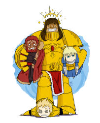 Rule 34 | 1girl, @ @, ^ ^, ahoge, armor, artoria pendragon (fate), beard, blonde hair, brown hair, cape, carrying, carrying under arm, chibi, closed eyes, crossover, dress, drooling, emperor of mankind, closed eyes, facial hair, fate/zero, fate (series), gauntlets, gilgamesh (fate), gold, grin, halo, highres, iskandar (fate), king, laren door, laurels, long hair, o o, power armor, red hair, saber (fate), signature, smile, standing on person, warhammer 40k