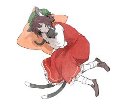 Rule 34 | 1girl, animal, animal ear fluff, animal ears, animal hug, brown footwear, brown hair, cat, cat ears, cat tail, chen, closed eyes, closed mouth, commentary request, curled up, frilled skirt, frills, full body, green hat, grey cat, hat, long sleeves, lying, medium hair, mob cap, multiple tails, on side, pillow, red skirt, red vest, shirt, shoes, simple background, skirt, sleeping, socks, solo, tail, tarako supa, touhou, two tails, vest, white background, white shirt, white socks