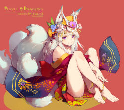 Rule 34 | 1girl, animal ears, anklet, ass, bare shoulders, barefoot, character name, feet, flower, fox ears, full body, hair flower, hair ornament, highres, japanese clothes, jewelry, mitsuki (p&amp;d), multiple tails, purple eyes, puzzle &amp; dragons, red background, silver hair, simple background, sitting, smile, solo, tail, tennohi, wide sleeves