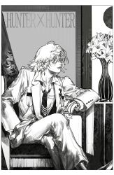 Rule 34 | 1boy, absurdres, arm rest, armchair, border, chain, chair, cigarette, collared shirt, copyright name, crossed legs, earrings, feet out of frame, flower, formal, greyscale, hand in pocket, highres, hunter x hunter, jacket, jewelry, kurapika, lily (flower), llost, long sleeves, looking away, looking to the side, male focus, medal, monochrome, mouth hold, necktie, pants, ring, shirt, short hair, signature, sitting, solo, suit, traditional media, vase