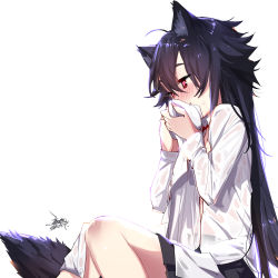 Rule 34 | 1girl, animal ears, black hair, black skirt, blush, commentary request, dated, ejami, ekko (ejami), fox ears, fox girl, fox tail, from side, heart, heart-shaped pupils, holding, holding clothes, holding shirt, long hair, long sleeves, original, red eyes, shirt, signature, simple background, sitting, skirt, solo, symbol-shaped pupils, tail, white background, white shirt