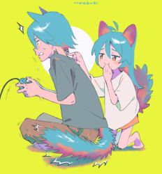 Rule 34 | 1boy, 1girl, ^^^, animal ears, antenna hair, aqua hair, artist name, bad id, bad pixiv id, barefoot, blush stickers, brother and sister, brown pants, cat boy, cat ears, cat girl, cat tail, circle, clenched teeth, closed mouth, constricted pupils, controller, covering own mouth, dot nose, flying sweatdrops, from side, full body, furrowed brow, game controller, gamecube controller, gamepad, green background, grey shirt, hair between eyes, half-closed eyes, hand up, hands up, holding, holding controller, holding game controller, indian style, kneeling, long hair, looking at another, looking away, motion lines, niwabuki, no shoes, noshime ruka, orange eyes, original, pants, profile, satonaka kei, shirt, short sleeves, siblings, signature, simple background, sitting, smirk, smug, surprised, sweat, tail, teeth, trembling, white shirt