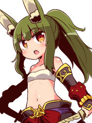 Rule 34 | 1girl, :o, animal ear fluff, animal ears, bandeau, bare shoulders, black pants, blush, breasts, brown eyes, collarbone, etrian odyssey, green hair, hair between eyes, high ponytail, holding, holding sword, holding weapon, long hair, masurao (sekaiju), midriff, naga u, navel, open mouth, pants, ponytail, rabbit ears, sekaiju no meikyuu, sekaiju no meikyuu 5, sidelocks, simple background, small breasts, solo, sword, teeth, upper teeth only, vambraces, weapon, white background, white bandeau