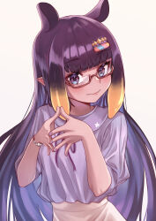 Rule 34 | 1girl, absurdres, bead bracelet, beads, blunt bangs, blush, bracelet, brown-framed eyewear, closed mouth, commentary request, eyelashes, fingernails, glasses, gradient hair, hair ornament, hairclip, hands up, high-waist skirt, highres, hololive, hololive english, jewelry, kiwwwwwi, long hair, looking at viewer, mole, mole under eye, multicolored hair, nail polish, ninomae ina&#039;nis, orange hair, own hands together, pointy ears, purple eyes, purple hair, purple nails, purple ribbon, purple shirt, rectangular eyewear, ribbon, semi-rimless eyewear, shirt, shirt tucked in, short sleeves, sidelocks, simple background, skirt, smile, solo, steepled fingers, takodachi (ninomae ina&#039;nis), tentacle hair, under-rim eyewear, very long hair, virtual youtuber, white background, white skirt