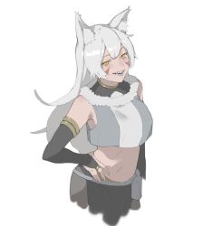 Rule 34 | animal ears, black gloves, breasts, copyright request, elbow gloves, gloves, hand on own hip, hands on own hips, highres, large breasts, nainainainainaiya, navel, sharp teeth, stomach, tagme, teeth, white hair, yellow eyes