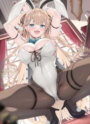 Rule 34 | 1girl, animal ears, arm strap, arms up, blonde hair, blue eyes, bow, bowtie, breasts, cleavage, covered navel, detached collar, detached sleeves, fake animal ears, fang, hair ornament, hair ribbon, highleg, highleg leotard, highres, large breasts, leotard, long hair, open mouth, original, pantyhose, playboy bunny, rabbit ears, rabbit pose, ribbon, side-tie leotard, smile, solo, spread legs, squatting, strapless, strapless leotard, thigh strap, tomoo (tomo), traditional bowtie, two side up, wrist cuffs