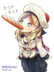 Rule 34 | 1girl, arms at sides, baguette, beret, blonde hair, blue dress, blue eyes, blue hair, blush, bread, breasts, buttons, commandant teste (kancolle), dated, double-breasted, dress, eating, food, food in mouth, hat, jacket, kantai collection, medium breasts, mitchell (dynxcb25), mouth hold, multicolored hair, plaid, plaid scarf, pom pom (clothes), red hair, scarf, simple background, solo, streaked hair, translated, twitter username, white background, white hat, white jacket