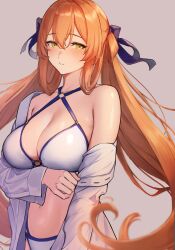 Rule 34 | 1girl, 3 small spiders, absurdres, bikini, blue ribbon, blush, breasts, brown hair, collarbone, girls&#039; frontline, green eyes, hair between eyes, hair ribbon, hair rings, highres, large breasts, long hair, looking to the side, navel, off shoulder, parted lips, ribbon, shirt, simple background, solo, springfield (girls&#039; frontline), springfield (stirring mermaid) (girls&#039; frontline), swimsuit, twintails, upper body, very long hair, white bikini, white shirt