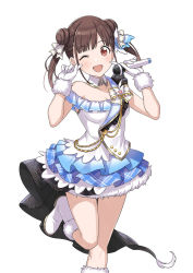 Rule 34 | 1girl, blush, brown hair, collar, double bun, frills, fur trim, gloves, hair ornament, hair ribbon, heart, highres, idol clothes, idolmaster, idolmaster shiny colors, leg up, looking at viewer, microphone, miniskirt, official art, one eye closed, open mouth, pointing, pointing at self, red eyes, ribbon, shoes, short hair, short twintails, skirt, sleeveless, smile, solo, sonoda chiyoko, star (symbol), thighs, twintails, white background, white footwear, white gloves, wing ornament