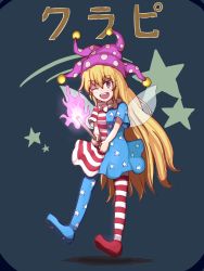 Rule 34 | 1girl, ;d, american flag dress, american flag legwear, american flag shirt, blonde hair, clownpiece, fairy wings, fire, hat, highres, jester cap, long hair, nikori, one eye closed, open mouth, pantyhose, purple fire, red eyes, round teeth, shirt, short sleeves, smile, solo, star (symbol), striped clothes, striped pantyhose, teeth, torch, touhou, wings