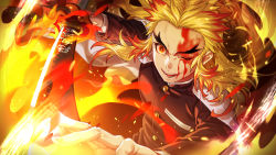 Rule 34 | 1boy, belt, black jacket, black pants, blonde hair, blood, blood from mouth, blood on face, border, breast pocket, buttons, cape, commentary request, embers, fighting stance, fingernails, fire, flame print, forehead, forked eyebrows, highres, holding, holding sword, holding weapon, iria (yumeirokingyo), jacket, katana, kimetsu no yaiba, long hair, long sleeves, looking at viewer, lower teeth only, male focus, mismatched eyebrows, multicolored hair, one eye closed, open mouth, pants, pocket, red eyes, red hair, rengoku kyoujurou, scabbard, sheath, solo, standing, sword, teeth, thick eyebrows, two-tone hair, uniform, upper teeth only, v-shaped eyebrows, weapon, white belt, white border, white cape