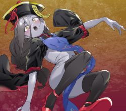 Rule 34 | 1girl, atage, black hat, black thighhighs, blush, colored skin, copyright request, gradient background, grey hair, grey skin, hair between eyes, hat, jiangshi, looking at viewer, navel, ofuda, open mouth, pelvic curtain, red footwear, red ribbon, ribbon, shoes, solo, thighhighs, wide-eyed, yellow eyes