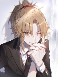 Rule 34 | 1girl, absurdres, bambi-25, black necktie, blonde hair, blush, braid, brooch, butler, fate/apocrypha, fate/grand order, fate (series), female butler, formal, french braid, green eyes, grin, hair ornament, hair scrunchie, highres, holding hands, interlocked fingers, jewelry, lapels, long hair, long sleeves, mordred (fate), mordred (fate/apocrypha), mordred (formal dress) (fate), necktie, one eye closed, parted bangs, peaked lapels, ponytail, red scrunchie, scrunchie, smile, solo focus, suit, tuxedo, vest