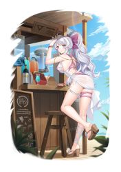 Rule 34 | 1girl, absurdres, ahoge, alpha transparency, arm up, ass, back, bangle, bare legs, bare shoulders, blue eyes, bow, bracelet, breasts, counter:side, cup, drinking glass, earrings, from behind, full body, hair bow, highres, huge filesize, jewelry, lara jaeger, large breasts, leaning forward, long hair, looking at viewer, looking back, official art, one-piece swimsuit, ponytail, sandals, sarong, see-through, serina crew, sign, smile, solo, standing, stool, swimsuit, thigh strap, transparent background, two-tone swimsuit, very long hair, white hair
