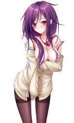 Rule 34 | 1girl, bare shoulders, blush, breast hold, breasts, cardigan, dress shirt, gradient eyes, hair censor, hair over breasts, highres, long hair, looking at viewer, medium breasts, mole, mole on breast, multicolored eyes, necktie, no bra, off shoulder, original, pantyhose, pink eyes, purple hair, red eyes, shirt, solo, yoye (pastel white)
