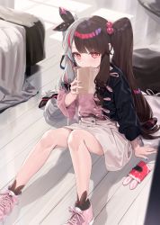 Rule 34 | 1girl, absurdres, bed, casual, cellphone, highres, kerorira, looking at viewer, multicolored hair, nijisanji, phone, red eyes, shoes, sitting, solo, split-color hair, twintails, virtual youtuber, yorumi rena