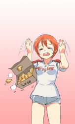 Rule 34 | 10s, 1girl, bird, chicken, clothes writing, gradient background, hoshizora rin, jangseunghyun, love live!, love live! school idol project, open mouth, orange hair, short shorts, shorts, simple background, solo, tears
