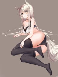 Rule 34 | 1girl, animal ears, arknights, ass, bare arms, bare shoulders, black thighhighs, blush, bra, breasts, brown eyes, cleavage, collarbone, commentary, grey background, jpeg artifacts, jsscj, long hair, looking at viewer, lying, medium breasts, no shoes, platinum (arknights), silver hair, simple background, solo, tail, thighhighs, thighs, underwear, very long hair, white bra