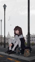 Rule 34 | 1girl, black footwear, black shirt, black skirt, blouse, blue eyes, brown hair, collared shirt, day, elisia valfelto, eyebrows hidden by hair, full body, grey sky, hair intakes, highres, long hair, looking at viewer, luicent, original, outdoors, overcast, pantyhose, shirt, sitting, skirt, sky, solo, suitcase, very long hair, white pantyhose, white shirt