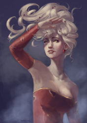 Rule 34 | 1990s (style), 1girl, arm up, blonde hair, breasts, detached sleeves, earrings, final fantasy, final fantasy vi, gabriela birchal, green eyes, jewelry, large breasts, long hair, solo, strapless, tina branford, white hair