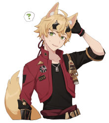 Rule 34 | 1boy, ?, ahoge, animal ears, arm behind head, black gloves, blonde hair, dog tags, fake horns, fox boy, fox ears, fox tail, genshin impact, gloves, green eyes, headband, highres, horned headwear, horns, japanese clothes, looking at viewer, male focus, miz (mi), open mouth, simple background, solo, spoken question mark, sweat, tail, thoma (genshin impact), upper body, white background
