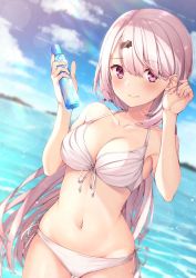 Rule 34 | bikini, blue skirt, blurry, blush, bottle, breasts, cleavage, closed mouth, commentary, day, depth of field, front-tie bikini top, front-tie top, groin, hair ornament, hair ribbon, hairclip, highres, holding, holding bottle, large breasts, long hair, navel, nijisanji, ocean, outdoors, pink bikini, pink eyes, pink hair, ramune, ribbon, shiina yuika, side-tie bikini bottom, skirt, solo, standing, swimsuit, symbol-only commentary, thighs, very long hair, virtual youtuber, yuuri nayuta