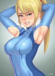 Rule 34 | 1girl, armpits, arms behind head, arms up, bad id, bad pixiv id, blush, bodysuit, breasts, commentary request, covered navel, eyebrows, eyeliner, full-face blush, green eyes, highres, large breasts, lips, long hair, makeup, maou alba, metroid, mole, mole under mouth, nintendo, nose, samus aran, scrunchie, skin tight, solo, sweat, torn bodysuit, torn clothes, zero suit