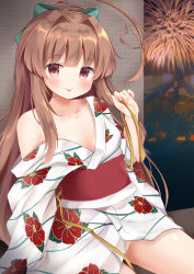 Rule 34 | 10s, 1girl, against wall, ahoge, bad id, bad pixiv id, blush, bow, brown eyes, brown hair, collar, commentary request, female focus, fireworks, floral print, hair bow, heart, heart ahoge, highres, huge ahoge, japanese clothes, kantai collection, kimono, kuma (kancolle), long hair, looking at viewer, masayo (gin no ame), no bra, no panties, off shoulder, sitting, solo, tongue, tongue out, yukata