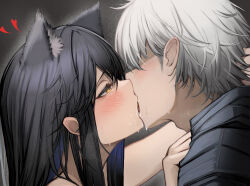 Rule 34 | 1boy, 1girl, animal ear fluff, animal ears, arknights, black hair, blush, commentary, doctor (arknights), faceless, faceless male, french kiss, from side, grey background, half-closed eyes, hand on another&#039;s neck, heart, hetero, highres, kiss, male doctor (arknights), paid reward available, portrait, profile, saliva, simple background, tab head, texas (arknights), white hair, wolf ears, yellow eyes