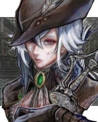 Rule 34 | 1girl, absurdres, ai shou, arlecchino (genshin impact), ascot, black hat, blood, blood on clothes, bloodborne, brooch, commentary, cosplay, earrings, genshin impact, grey ascot, grey hair, hair between eyes, hat, highres, jewelry, lady maria of the astral clocktower, lady maria of the astral clocktower (cosplay), medium hair, solo, tricorne, upper body