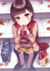 Rule 34 | 1girl, animal, animal on lap, autumn leaves, bad id, bad pixiv id, bag, bag charm, black pantyhose, blue skirt, brown eyes, brown hair, brown jacket, cat, charm (object), closed mouth, commentary request, eating, fingernails, food, fringe trim, hair ornament, hairclip, head tilt, highres, holding, holding food, jacket, long sleeves, on lap, original, pantyhose, paper bag, pleated skirt, red scarf, roasted sweet potato, ryuinu, scarf, school bag, sitting, sitting on stairs, skirt, solo, stairs, stone stairs, stuffed animal, stuffed toy, sweet potato, teddy bear, roasted sweet potato