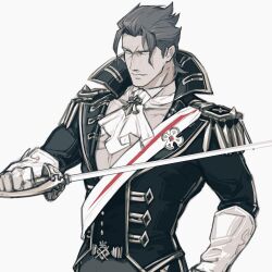 Rule 34 | 1boy, ace attorney, ascot, barok van zieks, belt, black belt, black jacket, cowboy shot, cross scar, epaulettes, gloves, grey eyes, grey hair, grey pants, hand up, highres, holding, holding sword, holding weapon, jacket, long sleeves, male focus, pants, parted lips, scar, scar on face, shirt, short hair, simple background, solo, standing, sword, the great ace attorney, v-shaped eyebrows, viscontiapclyps, weapon, white ascot, white background, white gloves, white shirt